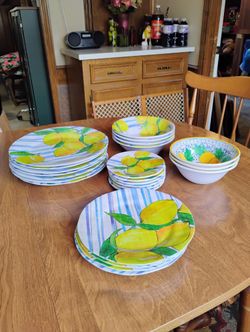 Cynthia Rowley Lemon Theme Melamine Plates And Bowls Set