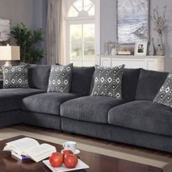 Brand New Grey Super Plush Chenille Sectional Sofa (Pillows Included)
