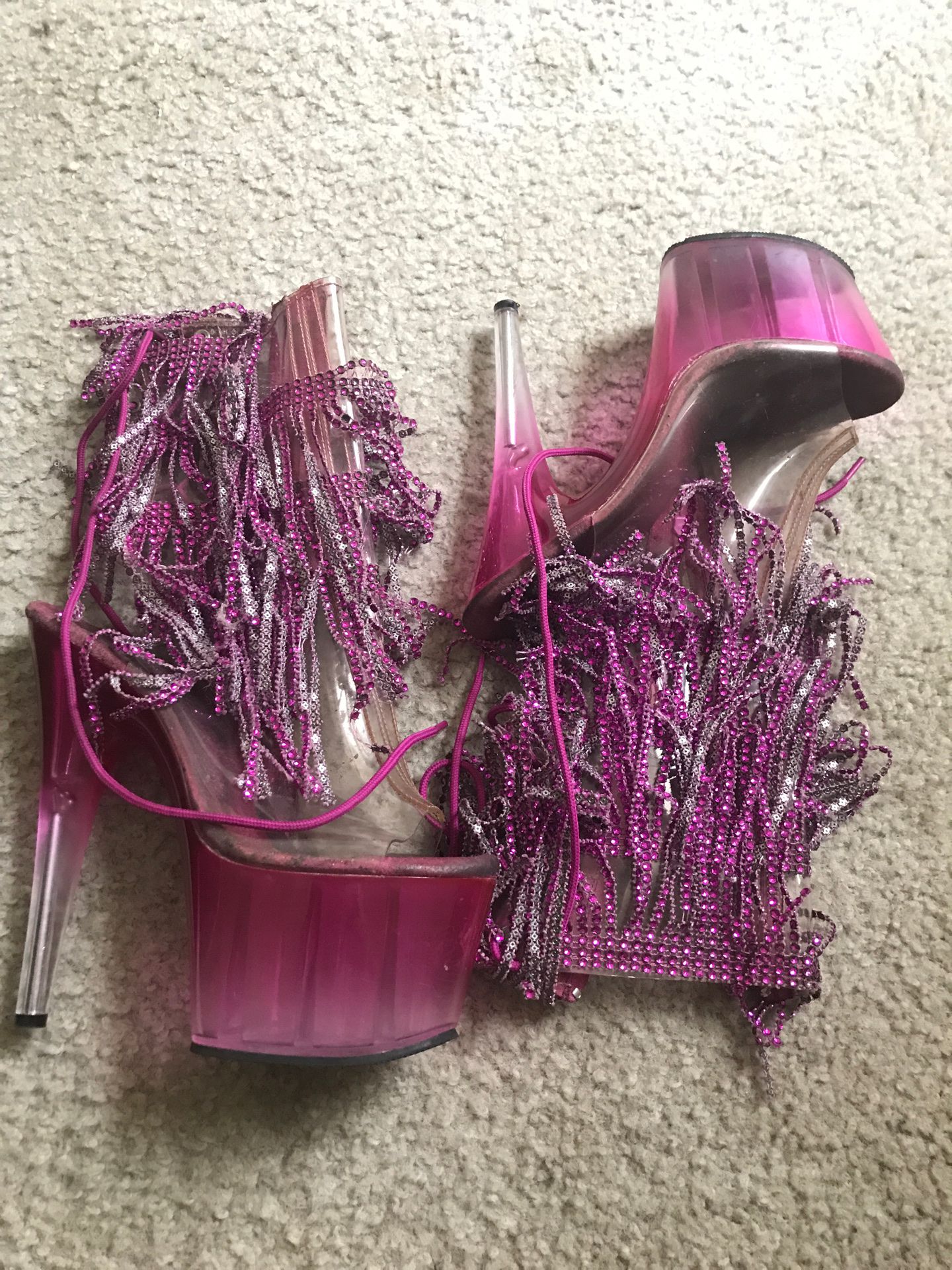 Pleaser pink fringe high heels size 9