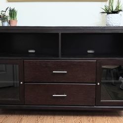 Dark Mahogany Espresso Modern Long Rectangular Media Big Screen TV Stand Glass Shelves Drawers Storage