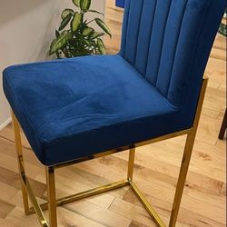 Contemporary Velvet Upholstered, Channel Tufted Counter Stool with Polished Gold Metal Base, 16" W x 19" D x 37.5" H, Navy.