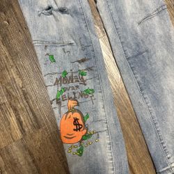 Light Wash Distressed Jeans Money Over Feelings Graphic