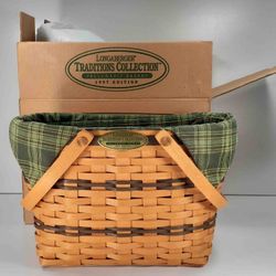 Longaberger 1997 Traditions Collection Fellowship Basket, Fabric, Liner, in Box
