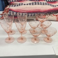 9 DIFFERENT ROSE PINK ETCHED STEMWARE GLASS WINE STEM ELEGANT CHAMPAGNE GOBLETS