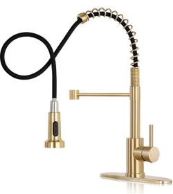 DJS Kitchen Faucets with Pull Down Sprayer Brushed Gold -Single Handle 1 or 3 Holes Spring Kitchen Sink Faucet with Deck Plate for Farmhouse RV Vessel