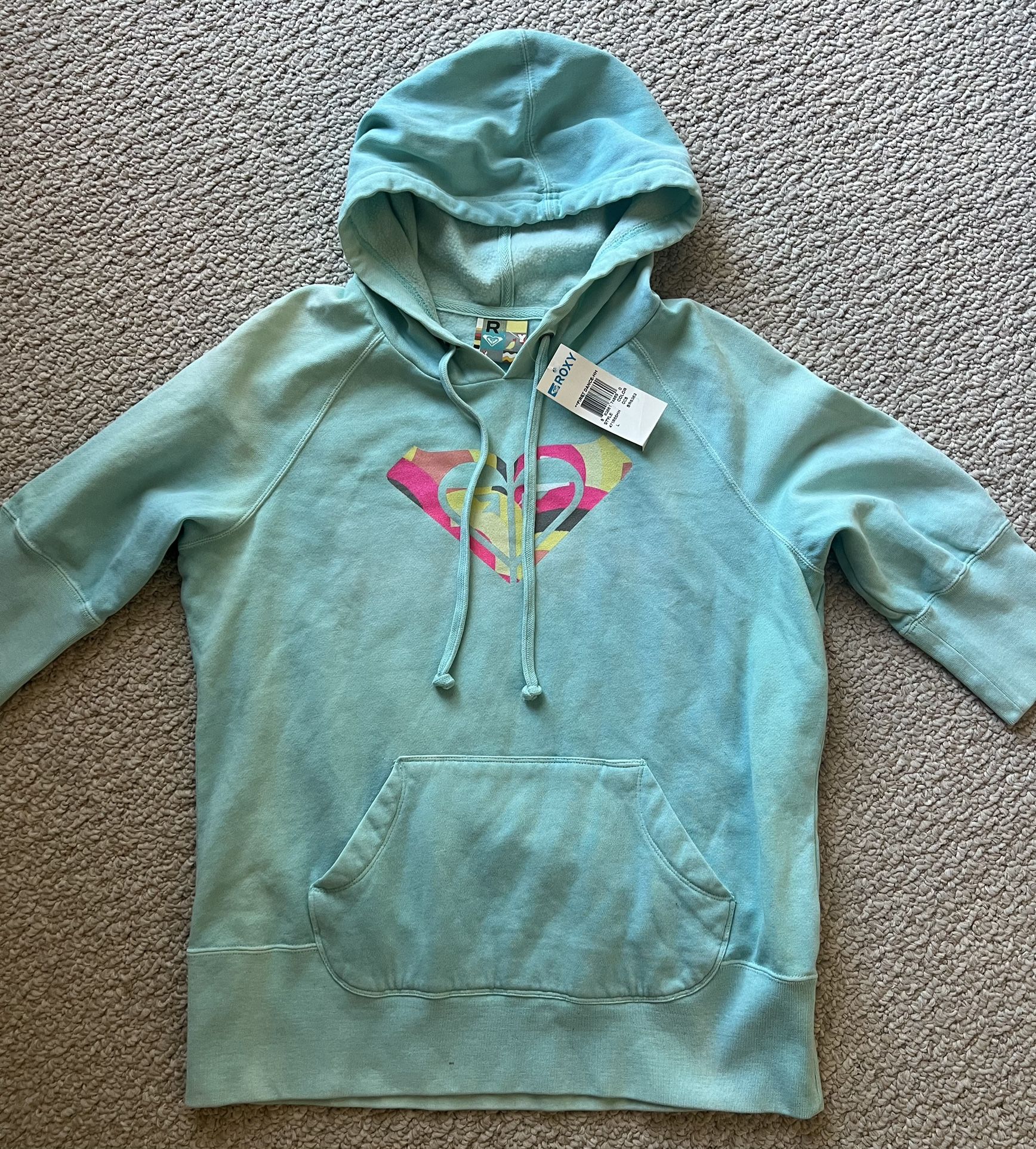 Roxy Turquoise Half Sleeve Hoodie L Pockets NWT