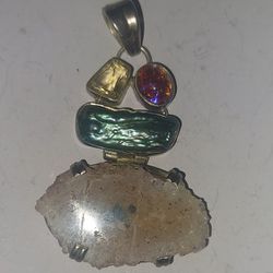 Sterling Silver Quartz Geode, Citrine, Abalone and Carnelion Necklace Pendent $50 OBO