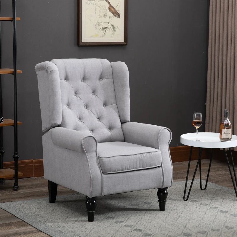 Mid-Century Modern Accent Chair, High Wingback Chair, Button-Tufted Upholstered Fabric Armchair with Retro Wood Legs for Living Room, Bedroom, Gray