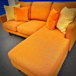 (Sold) Orange Mid Century Modern Sectional Sofa with Reversible Chaise