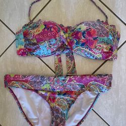 Kenneth Cole Reaction Paisley Ruffle Bikini Swimsuit Multi-Color Size Large L
