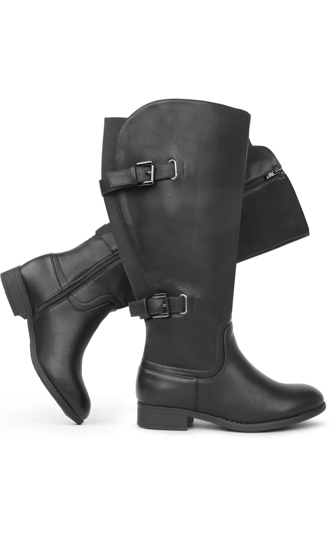 New Women’s Size 7.5 Women's Classic Extra Wide Calf Flat Heel Double Buckle Back Stretch Knee High Boots