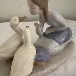 Vintage Porcelain Lady In Blue Dress Feeding Ducks