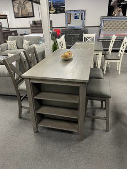 Gray Counter Height Dining Table with Chairs and Bench