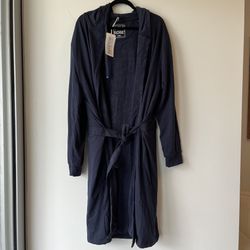 Dude Robe Men L/XL Navy Blue Terry Cloth Towel Lined Hooded Comfy Bath Sharktank