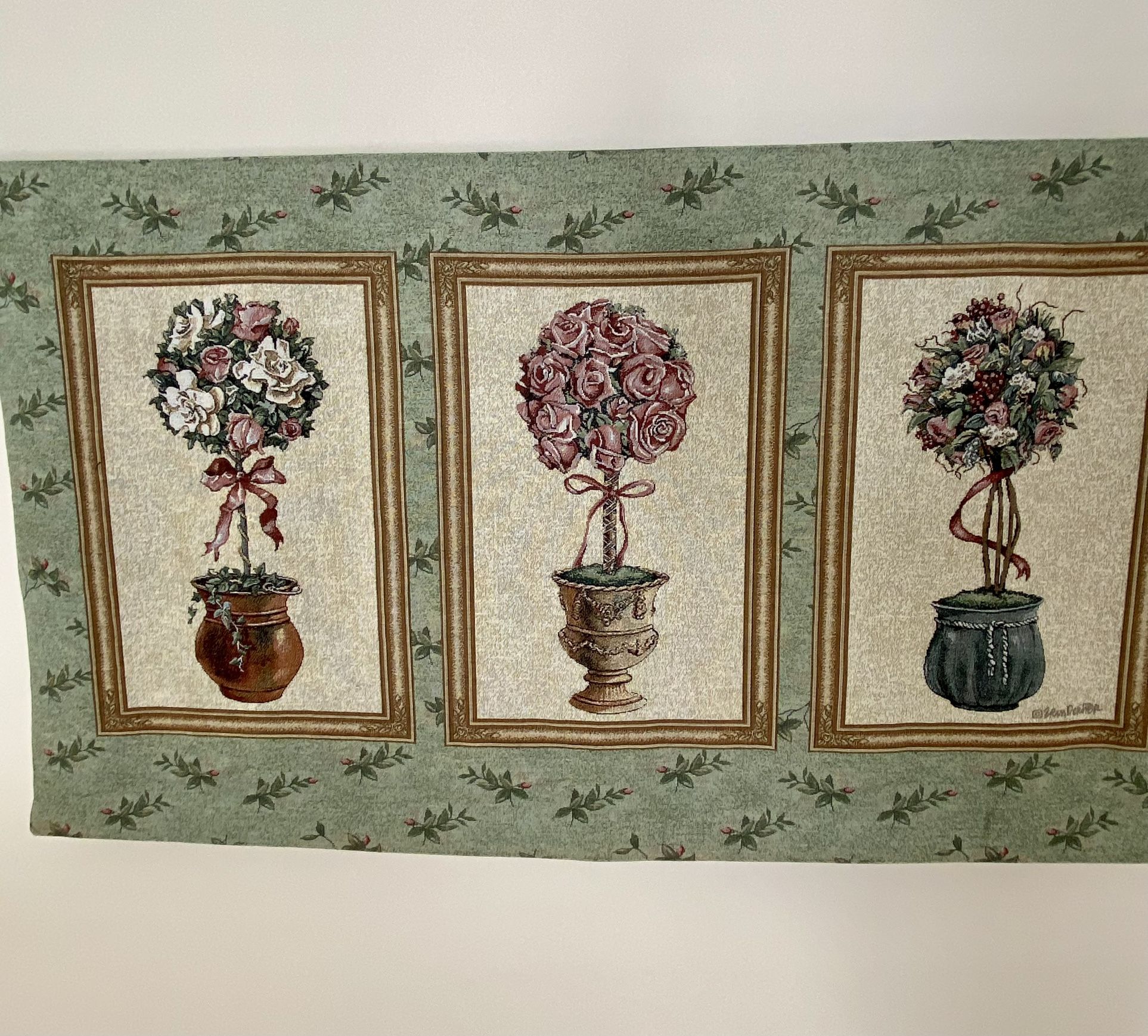 53”W Green Topiary Design Wall Tapestry on Bronze Metal Rod