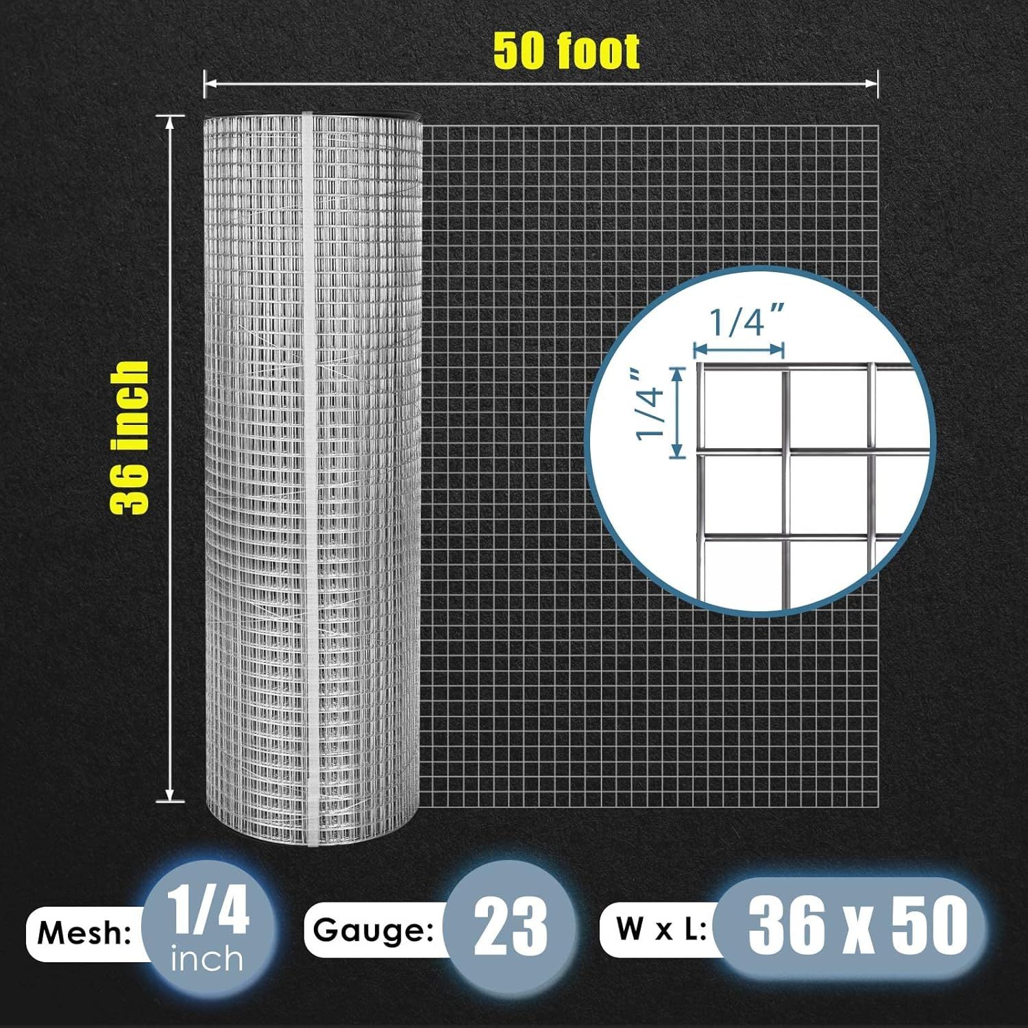 GoldPeak Hardware Cltoh 1/4 inch 36in x 50ft 23 Gauge - Chicken Wire Fencing Wire Mesh Roll Welded Wire Fence Gopher Wire Cloth Rodent Wire