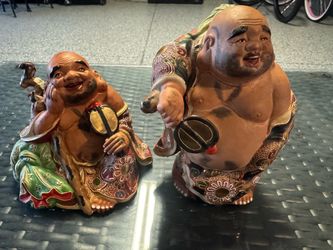 Matching Pair Vintage Japanese Hotei Laughing Buddha Figures – Hand Painted & Signed