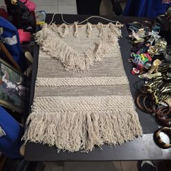 Hand Woven Macrame Tapestry, Bohemian Style, Made Of Cotton-Geometric Patterns Layered Fringe Tassels 30" X 18"