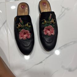 GUCCI Horse Bit Rose Black Leather Flat Loafer Mules Size 39 