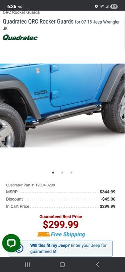 Quadratec qrc rocker guards for 2 door jk wrangler in textured black.