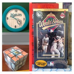 FLORIDA MARLINS Clock ⏰ Like New. 1997 Florida Marlins World Series Official Video. (NEW). Rubik Cube (NEW). Ball, Bat, Baseball. Miami.