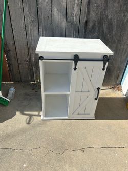 Farm House White and Black Weathered Sliding Barn Door Storage Cabinet with Spacious Shelves