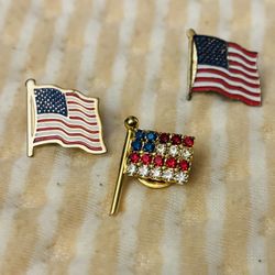 Vintage Set of 3 American Flag Pins   1 = Red-White-Blue Rhinestone  2 Waving Raised Finished   $10