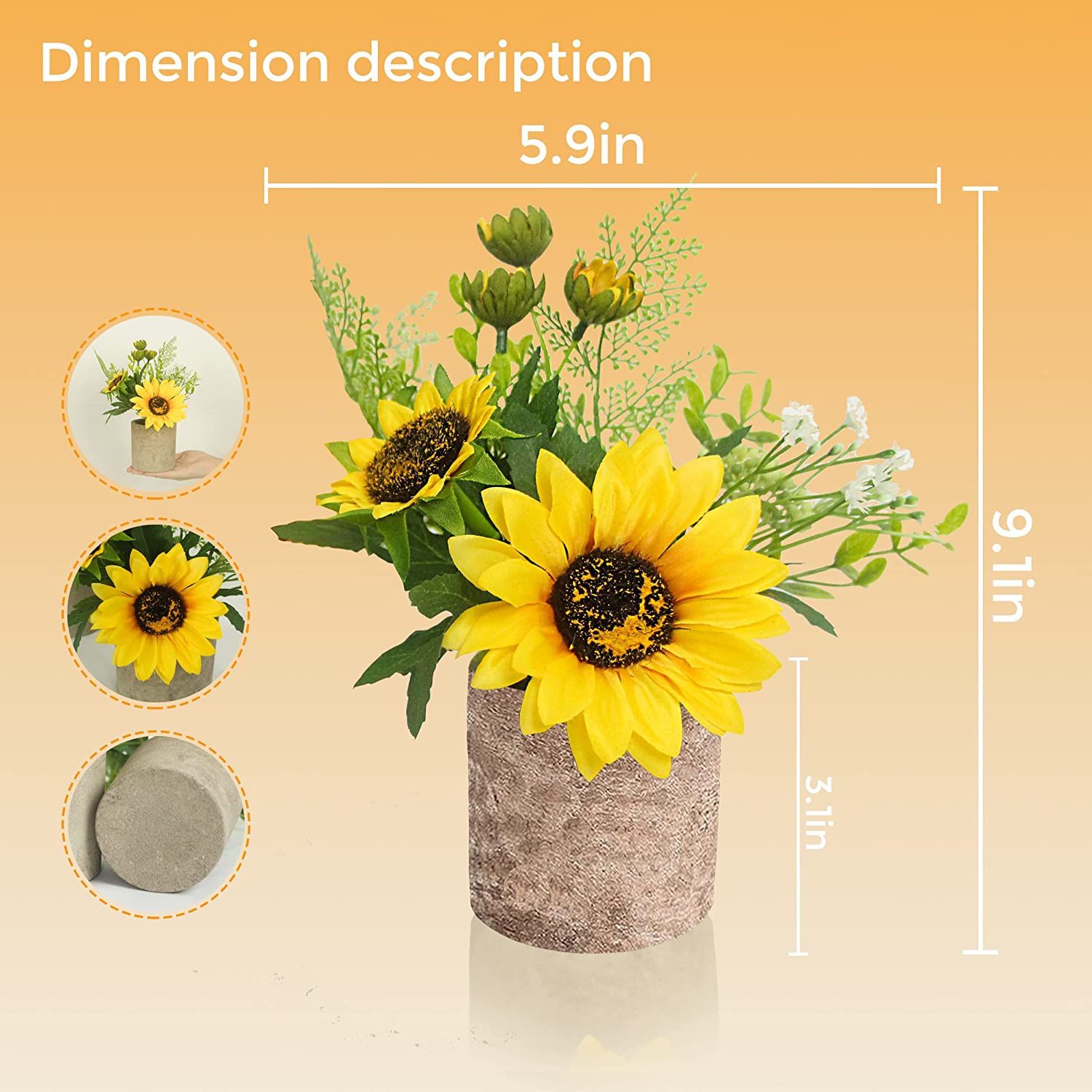 NEW! Tiyard 6pcs Sunflower Decor Artificial Potted Plants Yellow Fake Flower in Pots / FLORES