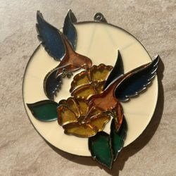 Vtg Stained Glass Style Acrylic Hummingbird Floral 4.5” Suncatcher