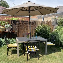 8 Piece Outdoor Patio, Porch, Garden Set With Crate And Barrel Table. & 4 Aluminum Chairs & Solar Umbrella