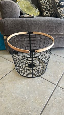 black wire basket with wood handles