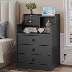 New-Black Nightstand with Charging Station 3 Drawers, Wood Sofa End Side Table with USB Ports and Outlet, Bedside Table Bedroom Nightstand with Slidin