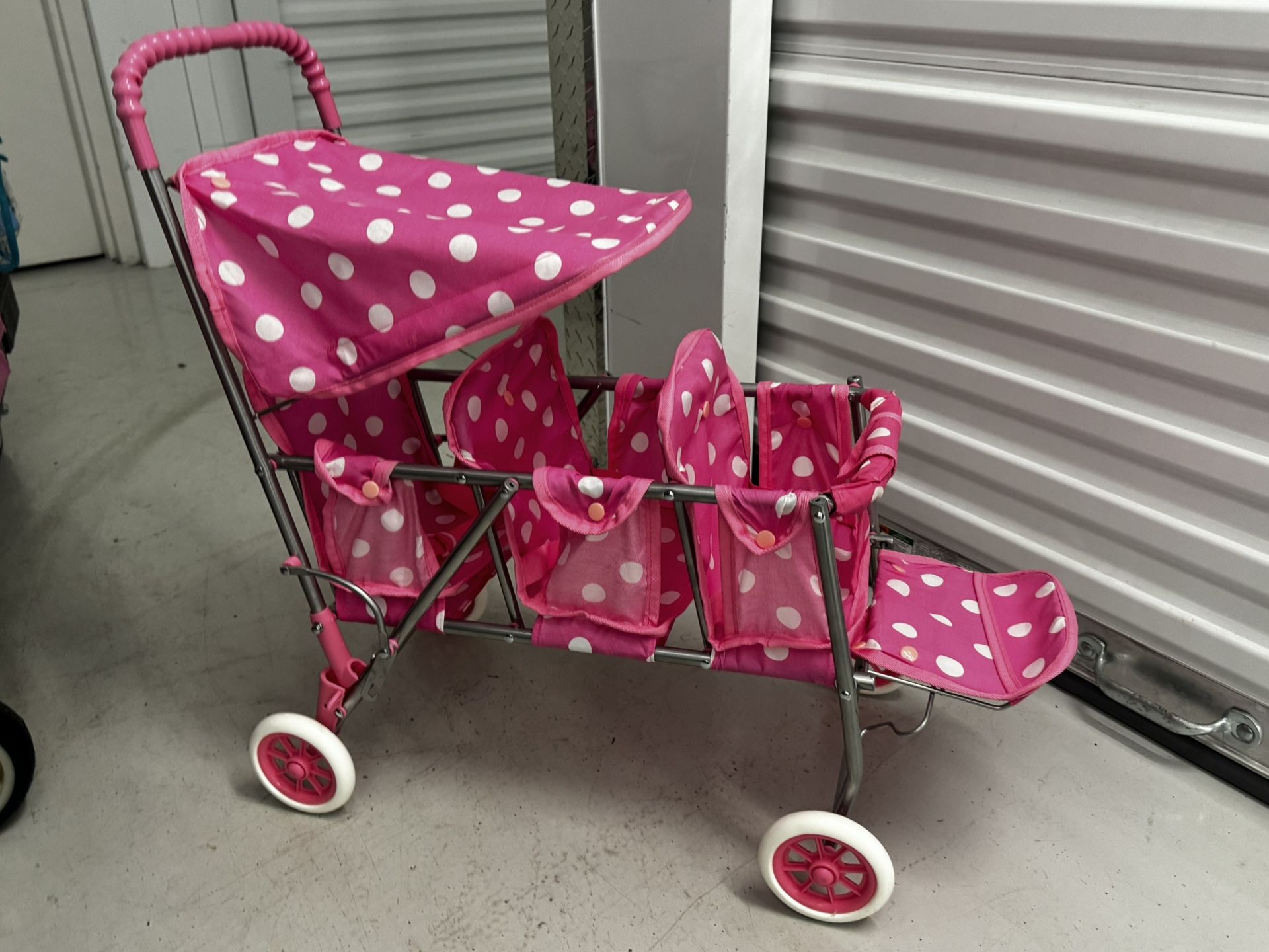 Folding Triple Doll Stroller - Pink/Polka Dots