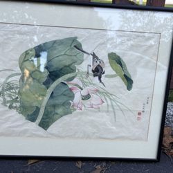 Framed Spring of the Jiazi Year by Shi Danian Chinese Ink and Wash Painting Bird on a Lotus Flower framed