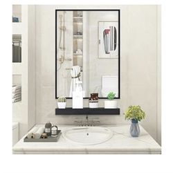 Brand New Contemporary Brushed Metal Wall Mirror |24x 16in Vanity Mirror Bathroom Mirror Glass Panel Black | Mirrored Rectangle Hangs Horizontal or Ve