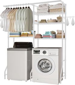 Over The Washer and Dryer Storage Shelf, 6 Tier Laundry Room Drying Rack with Hanger Rod and Hooks, Adjustable Over Washer and Dryer Shelves, Laundry 