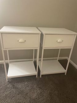 Pair of white nightstands bedside hard top table with fabric drawer