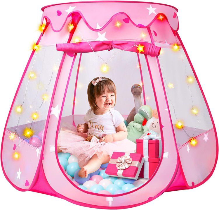Princess Tent Girls Kids Playhouse - Pop Up Play Tent with Star Light Tent, Ball Pit Toys for 1,2,3 Years Old Birthday Gift for Indoor and Outd