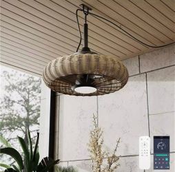 New 20” Waterproof Plug In Ceiling Fan W Light&Remote Boho Rattan Caged Gazebo Fan Reversible Motor