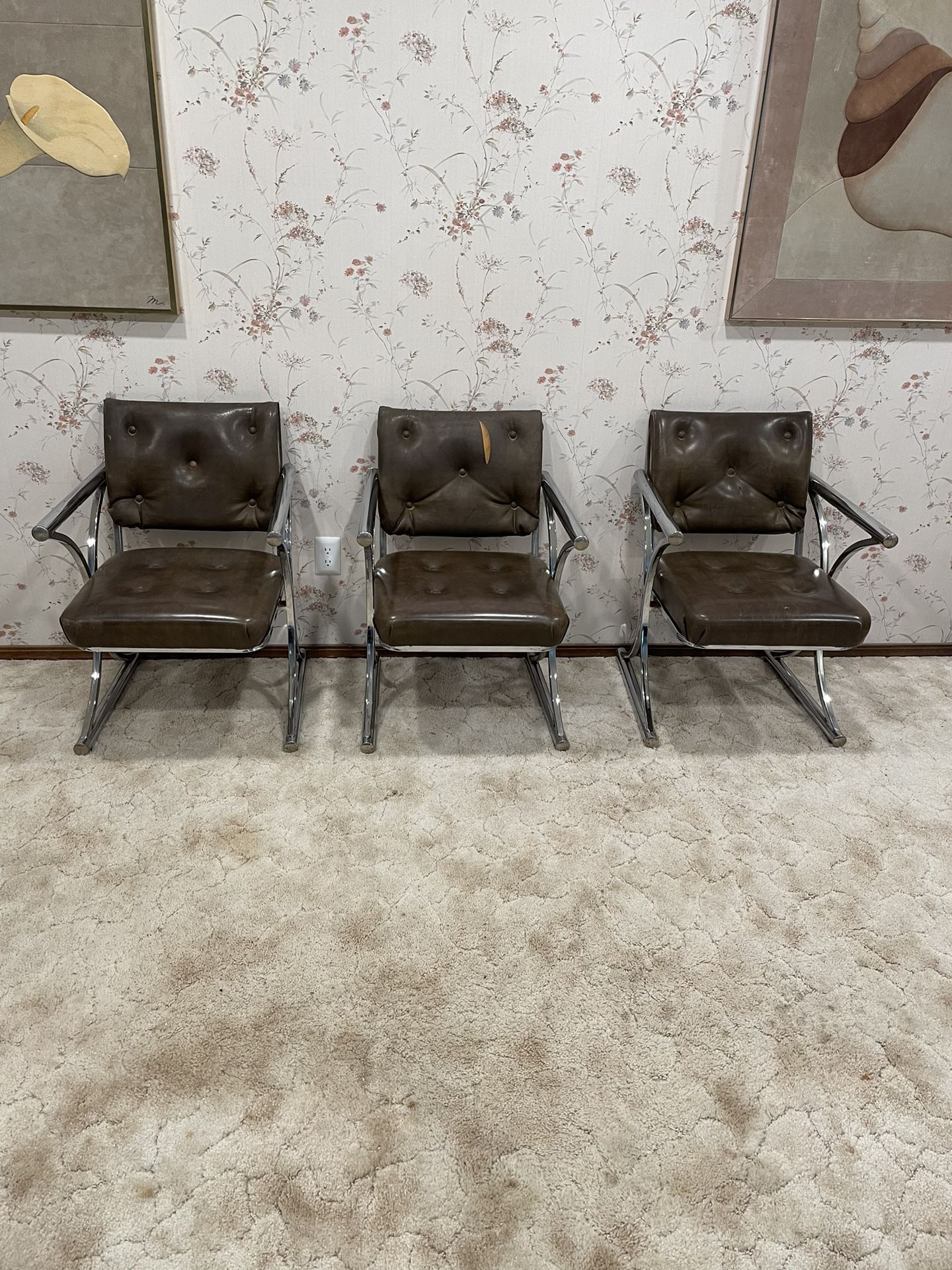 Vintage 1970’s Set Of 3 Matching Chrome Armchairs By Cleo Baldon ???