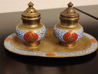 Vintage Enameled Brass Spice Shakers & Tray