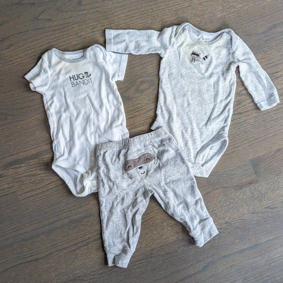 Carter's Baby Boy 3-Piece Bodysuits Pants Set Racoon, 3 Months
