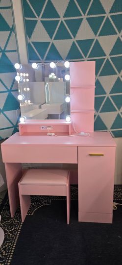 New Pink Vanity Desk w/ LED Mirror & Charging Station