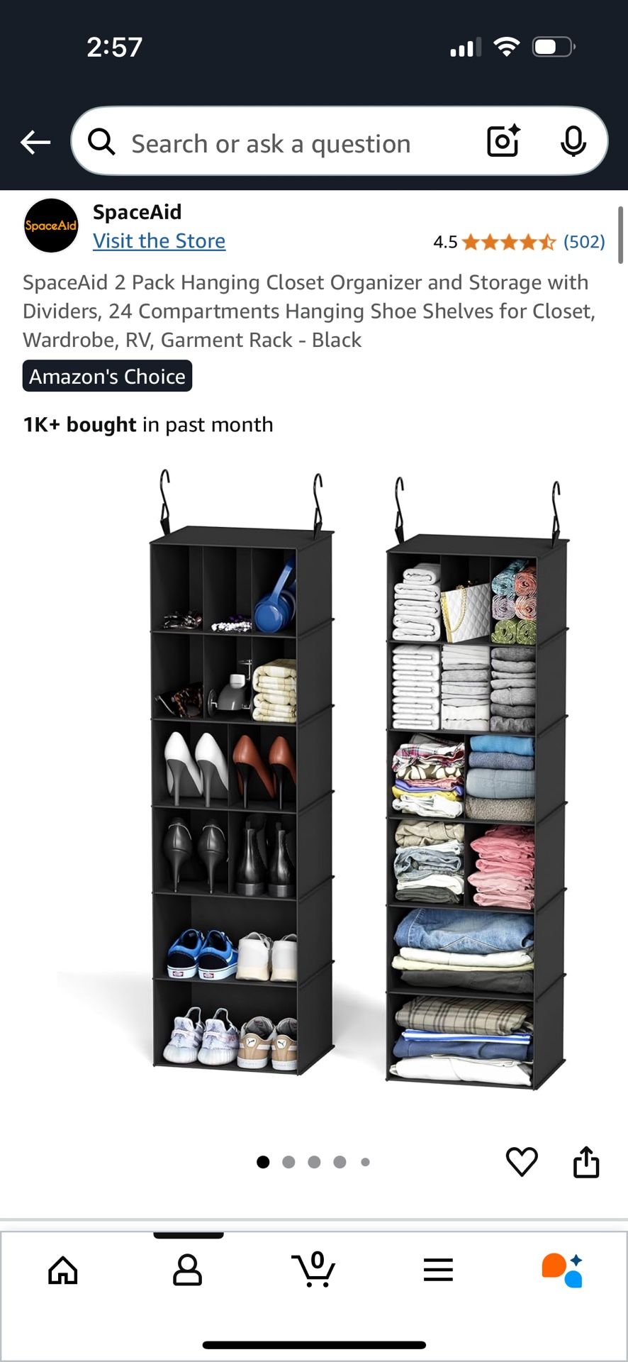 SpaceAid 2 Pack Hanging Closet Organizer and Storage with Dividers, 24 Compartments Hanging Shoe Shelves for Closet, Wardrobe, RV, Garment Rack - Blac