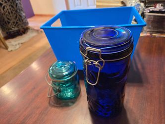 (1) Vintage Blue Canisters, (1) Teal small Canister, and Bin Set