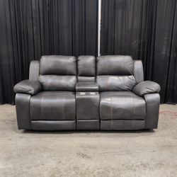 Charcoal Gray Faux Leather Power Reclining Loveseat with Console