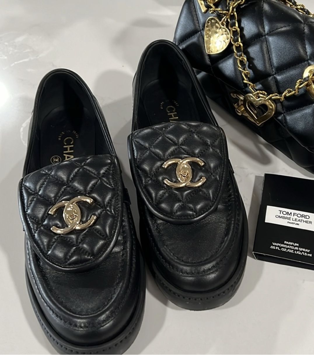 CHANEL black Leather CC logo Shoes Rare