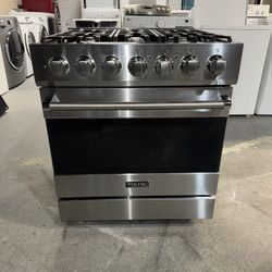 Viking gas range and electric oven, 30 inches wide, stainless steel, one receipt for a 90-day warranty.