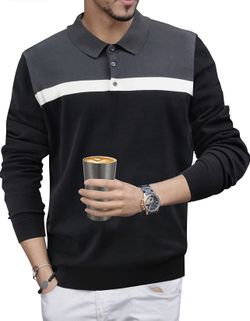 Mens-Polo-Shirts Long-Sleeve Knit-Pullover Pure-Cotton Slim-Fit - Fashion Lightweight Athletic Golf Top