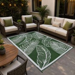 NEW 5X8 Feet Tropical Botanical Leaf Pattern Polypropylene Webbing Outdoor Floor Mat UV And Water Resistant Easy To Clean Reversible Green 